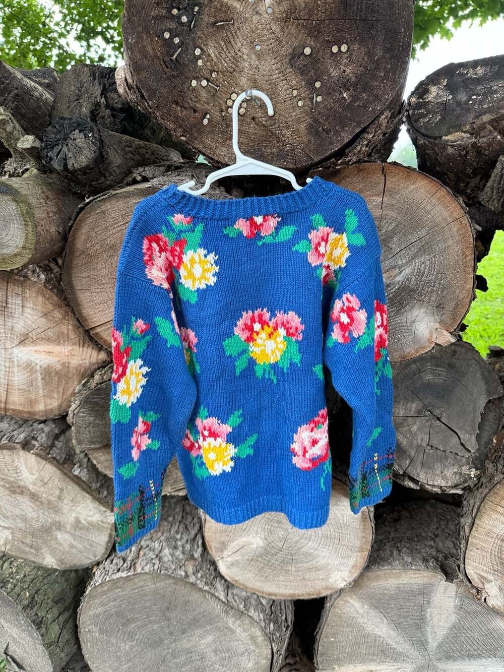 Adrienne Vittadini Vintage Floral Knit Sweater Blue Size S Plaid Cuffs - Picture 5 of 5